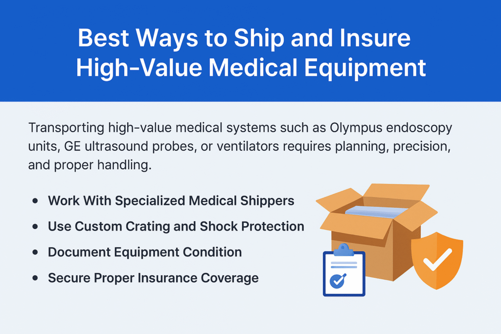 Technicians preparing high-value medical equipment for shipment with custom protective packaging
